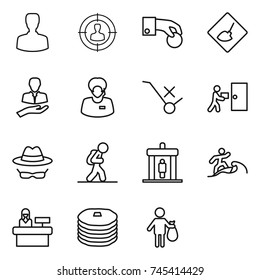 thin line icon set : man, target audience, hand coin, under construction, client, support manager, do not trolley sign, courier delivery, confidential, tourist, detector, surfer, reception, pancakes