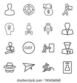 thin line icon set : man, target audience, money gift, courier, bulb head, hoverboard, jet robot, client, customs, delivery, security, confidential, deltaplane, surfer, identity card