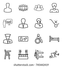 thin line icon set : man, team, group, woman, presentation, client, support manager, do not trolley sign, security, check in, invalid, bed, Chair for babies, skysrcapers cleaning, skyscrapers