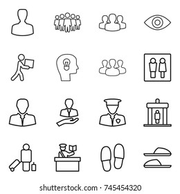 thin line icon set : man, team, group, eye, courier, bulb head, wc, client, security, detector, passenger, inspector, slippers
