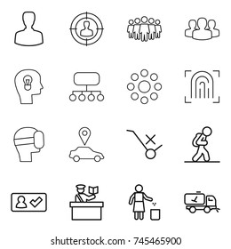 thin line icon set : man, target audience, team, group, bulb head, structure, round around, fingerprint, virtual mask, car pointer, do not trolley sign, tourist, check in, inspector, garbage bin