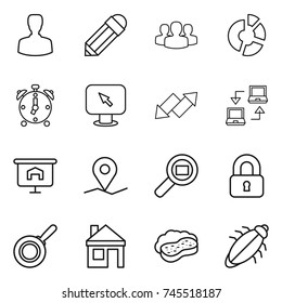 thin line icon set : man, pencil, group, circle diagram, alarm clock, monitor arrow, up down, notebook connect, presentation, geo pin, cargo search, locked, pan, house, sponge with foam, bug