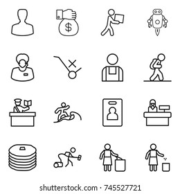 thin line icon set : man, money gift, courier, jet robot, support manager, do not trolley sign, workman, tourist, inspector, surfer, identity card, reception, pancakes, vacuum cleaner, garbage bin