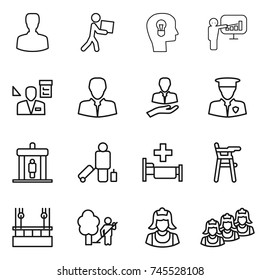 thin line icon set : man, courier, bulb head, presentation, architector, client, security, detector, passenger, hospital, Chair for babies, skysrcapers cleaning, garden, cleaner, outsource