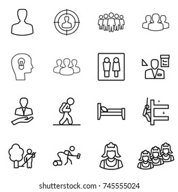 thin line icon set : man, target audience, team, group, bulb head, wc, architector, client, tourist, bed, skyscrapers cleaning, garden, vacuum cleaner, outsource