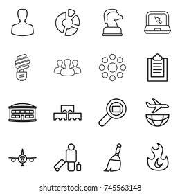 thin line icon set : man, circle diagram, chess horse, notebook, bulb, group, round around, clipboard, airport building, block wall, cargo search, plane shipping, passenger, broom, fire