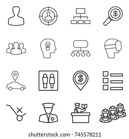 thin line icon set : man, target audience, hierarchy, dollar magnifier, group, bulb head, structure, virtual mask, car pointer, wc, pin, list, do not trolley sign, security, inspector, outsource
