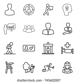 thin line icon set : man, target audience, courier, bulb head, presentation, group, client, tourist, check in, detector, hospital, Chair for babies, garden cleaning, vacuum cleaner