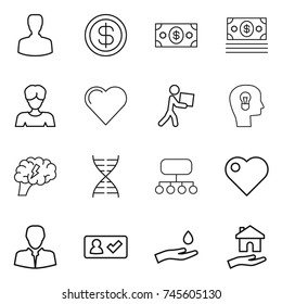 thin line icon set : man, dollar, money, woman, heart, courier, bulb head, brain, dna, structure, client, check in, hand and drop, housing