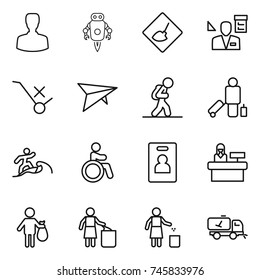 thin line icon set : man, jet robot, under construction, architector, do not trolley sign, deltaplane, tourist, passenger, surfer, invalid, identity card, reception, trash, garbage bin