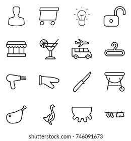 thin line icon set : man, delivery, bulb, unlock, market, cocktail, transfer, hanger, hair dryer, cook glove, knife, bbq, chicken leg, goose, udder, drying clothe