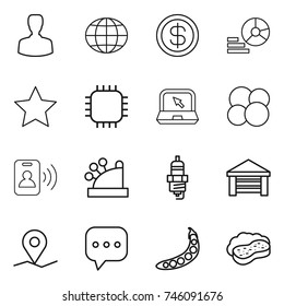 thin line icon set : man, globe, dollar, diagram, star, chip, notebook, atom core, pass card, cashbox, spark plug, garage, geo pin, sms, peas, sponge with foam
