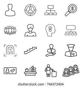 thin line icon set : man, target audience, hierarchy, dollar magnifier, team, woman, bulb head, structure, fingerprint, stairs, client, security, check in, baggage checking, garbage bin, outsource thin line icon set : man, target audience, hierarchy, dollar magnifier, team, woman, bulb head, structure, fingerprint, stairs, client, security, check in, baggage checking, garbage bin, outsource