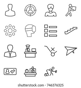 thin line icon set : man, target audience, woman, courier, round around, virtual mask, list, stairs, client, customs control, do not trolley sign, deltaplane, check in, baggage checking