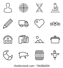 thin line icon set : man, target, dna, microscope, pencil, delivery, heart, drawbridge, house, camera, landscape, pan, croissant, pig, barrel, scarecrow