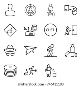 thin line icon set : man, target audience, hoverboard, hand coin, under construction, architector, customs, courier delivery, confidential, deltaplane, tourist, passenger, pancakes, vacuum cleaner