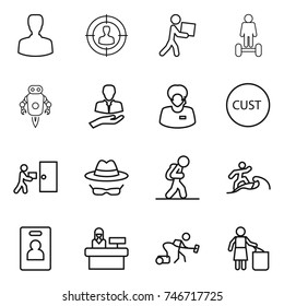 thin line icon set : man, target audience, courier, hoverboard, jet robot, client, support manager, customs, delivery, confidential, tourist, surfer, identity card, reception, vacuum cleaner