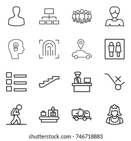 thin line icon set : man, hierarchy, team, woman, bulb head, fingerprint, car pointer, wc, list, stairs, customs control, do not trolley sign, tourist, baggage checking, home call cleaning, cleaner