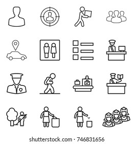 thin line icon set : man, target audience, courier, group, car pointer, wc, list, customs control, security, tourist, baggage checking, inspector, garden cleaning, garbage bin, outsource