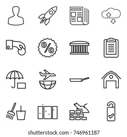 thin line icon set : man, rocket, newspaper, cloude service, hand coin, percent, airport building, clipboard, insurance, plane shipping, pan, barn, bucket and broom, clean window, construct garbage