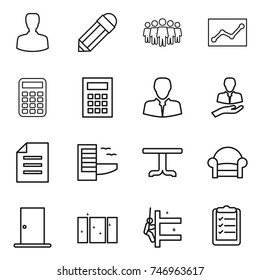 thin line icon set : man, pencil, team, statistics, calculator, client, document, hotel, table, armchair, door, clean window, skyscrapers cleaning, clipboard list