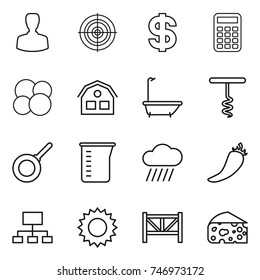 thin line icon set : man, target, dollar, calculator, atom core, house, bath, corkscrew, pan, measuring cup, rain cloud, hot pepper, hierarchy, sun, farm fence, cheese