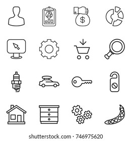 thin line icon set : man, report, money gift, circle diagram, monitor arrow, gear, add to cart, magnifier, spark plug, car baggage, key, do not distrub, home, chest of drawers, gears, peas