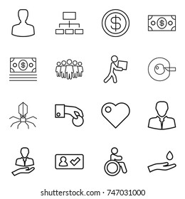 thin line icon set : man, hierarchy, dollar, money, team, courier, cell corection, virus, hand coin, heart, client, check in, invalid, and drop
