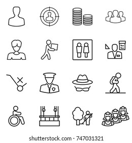 thin line icon set : man, target audience, coin stack, group, woman, courier, wc, architector, do not trolley sign, security, confidential, tourist, invalid, skysrcapers cleaning, garden, outsource