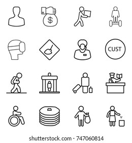 thin line icon set : man, money gift, courier, hoverboard, virtual mask, under construction, support manager, customs, tourist, detector, passenger, inspector, invalid, pancakes, trash, garbage bin