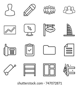 thin line icon set : man, pencil, team, group, statistics, monitor arrow, store signboard, skyscraper, phone, clipboard check, documents, document, suitcase, rack, window, skyscrapers cleaning