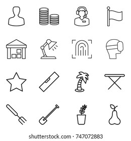 thin line icon set : man, coin stack, call center, flag, warehouse, table lamp, fingerprint, virtual mask, star, level, palm, iron board, big fork, shovel, seedling, pear