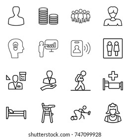 thin line icon set : man, coin stack, team, woman, bulb head, presentation, pass card, wc, architector, client, tourist, hospital, bed, Chair for babies, vacuum cleaner