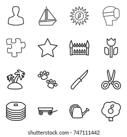 thin line icon set : man, boat, sun power, virtual mask, puzzle, star, gothic architecture, perishable, island, pets, knife, scissors, pancakes, trailer, watering can, garden