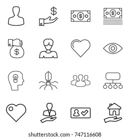 thin line icon set : man, investment, money, gift, woman, heart, eye, bulb head, virus, group, structure, client, check in, housing