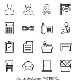 thin line icon set : man, woman, presentation, store signboard, calculator, school, phone, client, clipboard check, document, reception, table, chair, armchair, door, trash bin