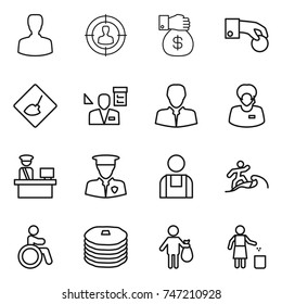 thin line icon set : man, target audience, money gift, hand coin, under construction, architector, client, support manager, customs control, security, workman, surfer, invalid, pancakes, trash