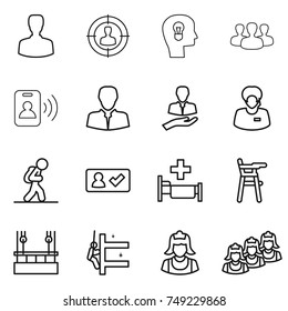 Thin Line Icon Set : Man, Target Audience, Bulb Head, Group, Pass Card, Client, Support Manager, Tourist, Check In, Hospital, Chair For Babies, Skysrcapers Cleaning, Skyscrapers, Cleaner, Outsource