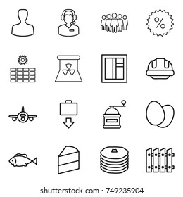 thin line icon set : man, call center, team, percent, sun power, nuclear, window, building helmet, plane, baggage get, hand mill, eggs, fish, cake, pancakes, fence