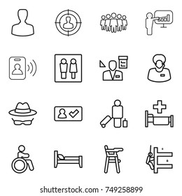 thin line icon set : man, target audience, team, presentation, pass card, wc, architector, support manager, confidential, check in, passenger, hospital, invalid, bed, Chair for babies