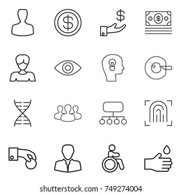 thin line icon set : man, dollar, investment, money, woman, eye, bulb head, cell corection, dna, group, structure, fingerprint, hand coin, client, invalid, drop