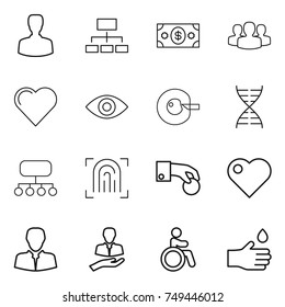thin line icon set : man, hierarchy, money, group, heart, eye, cell corection, dna, structure, fingerprint, hand coin, client, invalid, drop