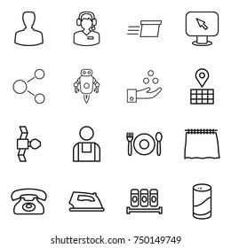 Thin Line Icon Set : Man, Call Center, Delivery, Monitor Arrow, Molecule, Jet Robot, Chemical Industry, Map, Satellite, Workman, Cafe, Curtain, Phone, Iron, Spices, Cleanser Powder