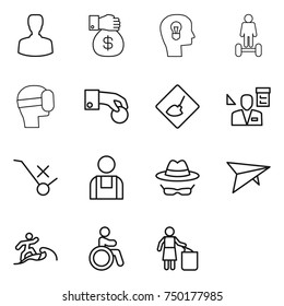 thin line icon set : man, money gift, bulb head, hoverboard, virtual mask, hand coin, under construction, architector, do not trolley sign, workman, confidential, deltaplane, surfer, invalid