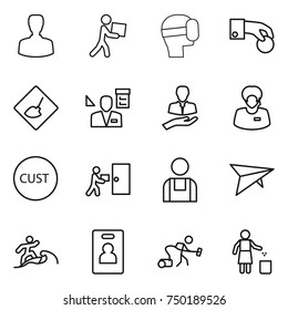 thin line icon set : man, courier, virtual mask, hand coin, under construction, architector, client, support manager, customs, delivery, workman, deltaplane, surfer, identity card, vacuum cleaner