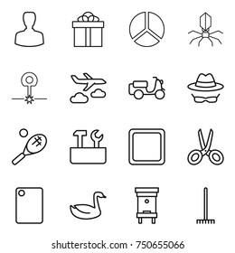 thin line icon set : man, gift, diagram, virus, laser, journey, scooter shipping, confidential, tennis, repair tools, cutting board, scissors, goose, hive, rake