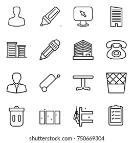 thin line icon set : man, marker, monitor arrow, skyscraper, district, pencil, office, phone, client, suitcase, table, trash bin, clean window, skyscrapers cleaning, clipboard list