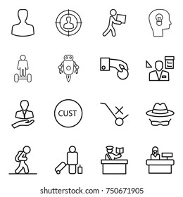 thin line icon set : man, target audience, courier, bulb head, hoverboard, jet robot, hand coin, architector, client, customs, do not trolley sign, confidential, tourist, passenger, inspector