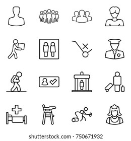 thin line icon set : man, team, group, woman, courier, wc, do not trolley sign, security, tourist, check in, detector, passenger, hospital, Chair for babies, vacuum cleaner