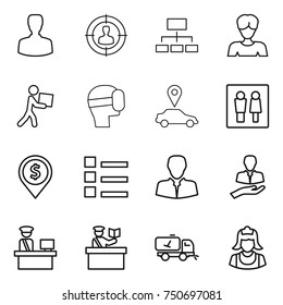 thin line icon set : man, target audience, hierarchy, woman, courier, virtual mask, car pointer, wc, dollar pin, list, client, customs control, inspector, home call cleaning, cleaner